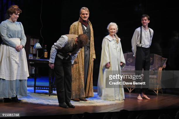 Cast members Jessica Regan, Rory Keenan, Jeremy Irons, Lesley Manville and Matthew Beard bow at the curtain call during the press night performance...