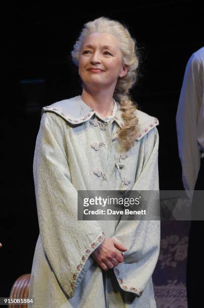 Cast member Lesley Manville bows at the curtain call during the press night performance of "Long Day's Journey Into Night" at Wyndhams Theatre on...
