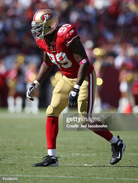 Manny Lawson of the San Francisco 49ers in action against the St. Louis Rams during an NFL game on October 4, 2009 at Candlestick Park in San...