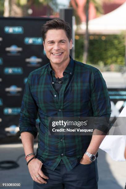 Rob Lowe visits "Extra" at Universal Studios Hollywood on February 6, 2018 in Universal City, California.