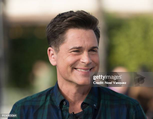 Rob Lowe visits "Extra" at Universal Studios Hollywood on February 6, 2018 in Universal City, California.