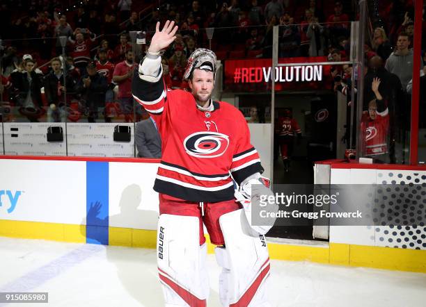 Cam Ward of the Carolina Hurricanes is named 1st star of the game following an NHL game against the Montreal Canadiens on February 1, 2018 at PNC...