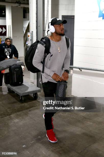 Markel Brown of the Houston Rockets enters the arena before the game against the Brooklyn Nets on February 6, 2018 at Barclays Center in Brooklyn,...