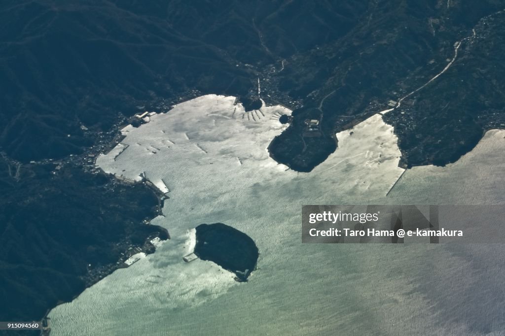 Awashima Marine Park and Izu Mito Seaparadise in Numazu city in Shizuoka prefecture in Japan daytime aerial view from airplane