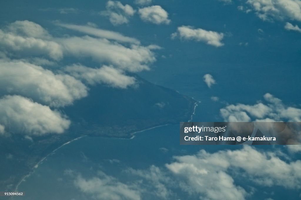 East China Sea and Mount Kaimon in Kagoshima prefecture in Japan daytime aerial view from airplane