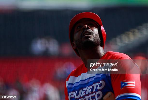 Rusney Castillo of Puerto Rico looks on during the match between Cuba and Puerto Rico as part of The Caribbean Series 2018 at Panamericano Stadium on...