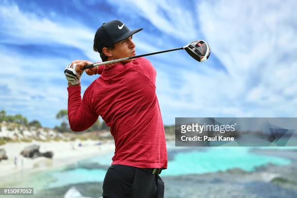 Thorbjorn Olesen of Denmark watches his tee shot on the 3rd hole during the pro-am ahead of the World Super 6 at Lake Karrinyup Country Club on...