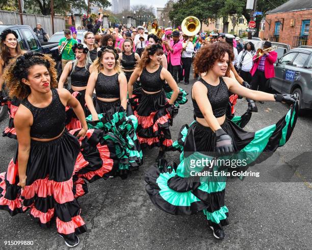 Regine Chassagne of Arcade Fire dances through the Treme neighborhood during the Inaugural Krewe du Kanaval on February 6, 2018 in New Orleans,...