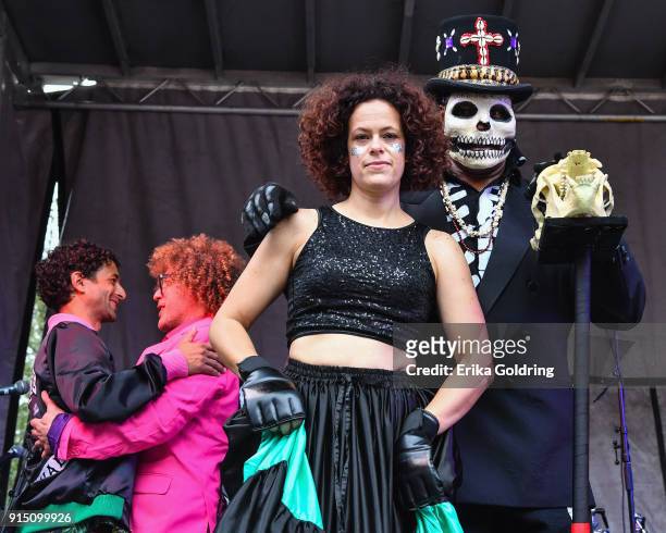 Regine Chassagne and Bruce "Sunpie" Barnes of the Northside Skull and Bones Gang attend the Inaugural Krewe du Kanaval on February 6, 2018 in New...