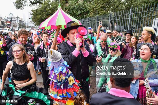 Win Butler of Arcade Fire parades through Armstrong Park with members of RAM of Haiti and Preservation Hall Jazz Band during the Inaugural Krewe du...