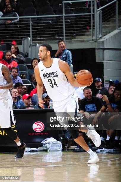 Brandan Wright of the Memphis Grizzlies handles the ball against the Atlanta Hawks on February 6, 2018 at Philips Arena in Atlanta, Georgia. NOTE TO...