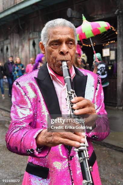 King Charlie Gabriel of Preservation Hall Jazz Band parades through the French Quarter during the Inaugural Krewe du Kanaval on February 6, 2018 in...