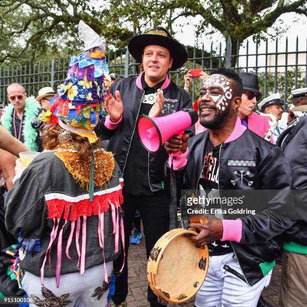 Win Butler of Arcade Fire parades through Armstrong Park with members of RAM of Haiti and Preservation Hall Jazz Band during the Inaugural Krewe du...