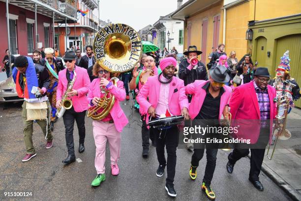 Members of Preservation Hall Jazz Band, Arcade Fire and RAM of Haiti parades through the French Quarter during the Inaugural Krewe du Kanaval on...