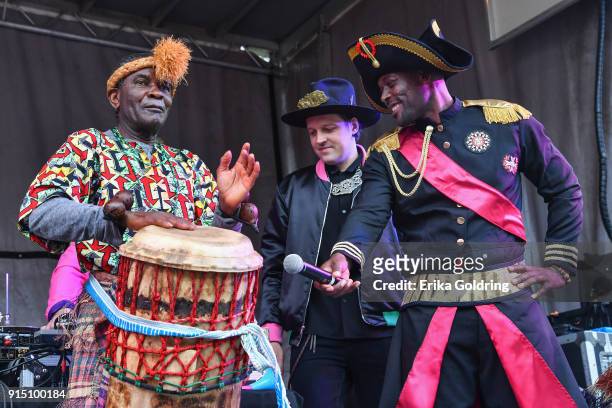 Papa Titos Som Pa of Congo, Win Butler of Arcade Fire and Jimmy Jean-Louis perform during the Inaugural Krewe du Kanaval in Congo Sqaure on February...