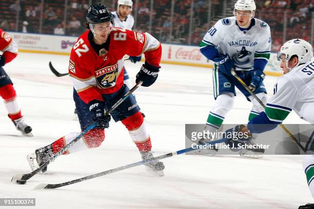 Denis Malgin of the Florida Panthers shoots against Brandon Sutter of the Vancouver Canucks at the BB&T Center on February 6, 2018 in Sunrise,...