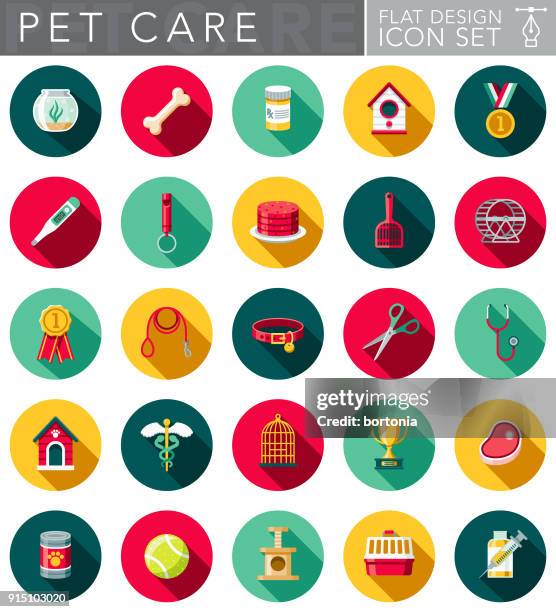 flaches design-tierpflege-icon-set mit seite schatten - hunde futter stock-grafiken, -clipart, -cartoons und -symbole