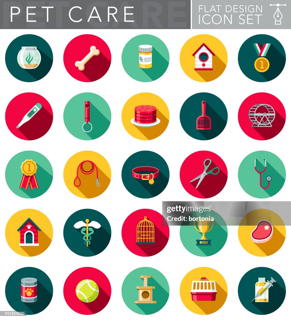 Flat Design Pet Care Icon Set with Side Shadow