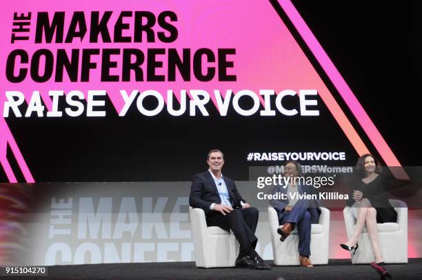 David Smith, Laphonza Butler and Chief Operating Officer, Facebook, Sheryl Sandberg speak onstage during The 2018 MAKERS Conference at NeueHouse...