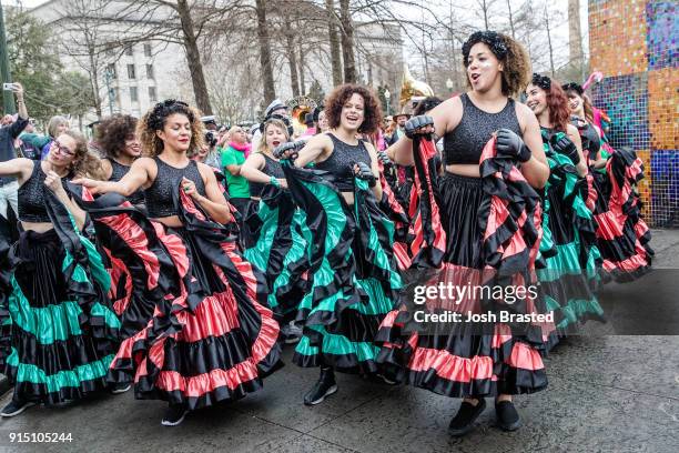 Regine Chassagne of Arcade Fire dances as the Krewe du Kanaval parades through the Treme neighborhood during the inaugural Krewe Du Kanaval on...