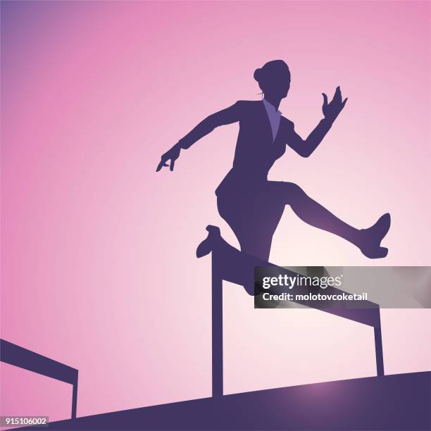 businesswoman silhouette illustration concept on a pink background - hurdle stock illustrations
