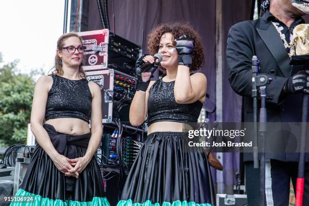 Regine Chassagne speaks during the inaugural Krewe Du Kanaval in Congo Square on February 6, 2018 in New Orleans, Louisiana.