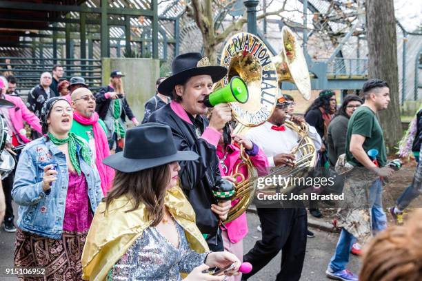 Win Butler of Arcade Fire attends a second line parade during the inaugural Krewe Du Kanaval on February 6, 2018 in New Orleans, Louisiana.