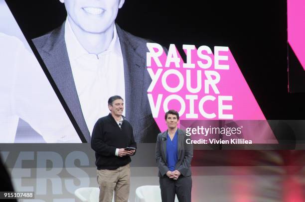 Chief Executive Officer, Oath Tim Armstrong and Former U.S. Marine & Congressional Candidate in Kentucky Amy McGrath speak onstage during The 2018...