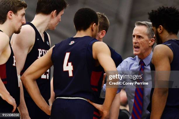 Head coach Steve Donahue of the Pennsylvania Quakers talks to his team during the second half at L. Stockwell Jadwin Gymnasium on February 6, 2018 in...
