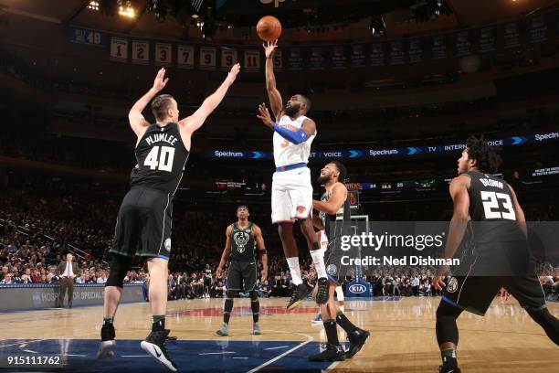 Tim Hardaway Jr. #3 of the New York Knicks shoots the ball during the game against the Milwaukee Bucks on February 6, 2018 at Madison Square Garden...