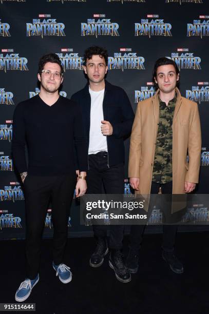 Anthony Carone, Max Kerman and Mike DeAngelis of Arkells attend the Toronto Premiere of 'Black Panther' at Scotiabank Theatre on February 6, 2018 in...