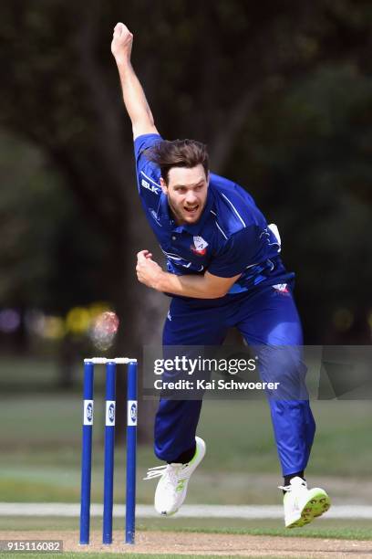 Mitchell McClenaghan of the Auckland Aces bowls during the One Day Ford Trophy Cup match between Canterbury and Auckland on February 7, 2018 in...