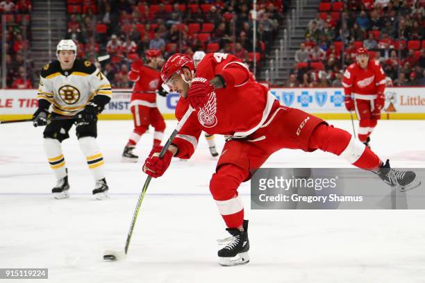 Martin Frk of the Detroit Red Wings takes a second period shot while playing the Boston Bruins at Little Caesars Arena on February 6, 2018 in...