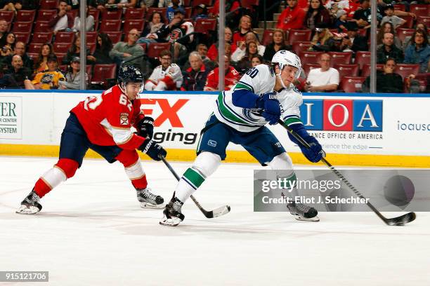 Markus Granlund of the Vancouver Canucks shoots and scores during the second period against Denis Malgin of the Florida Panthers at the BB&T Center...