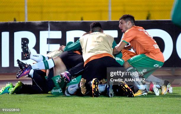 Argentina's Banfield player Mauricio Sperduti celebrates after scoring against Ecuador's Independiente del Valle during their Copa Libertadores...