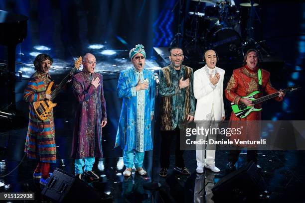 Elio e le Storie Tese attend the first night of the 68. Sanremo Music Festival on February 6, 2018 in Sanremo, Italy.