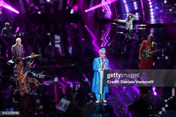 Elio e le Storie Tese attend the first night of the 68. Sanremo Music Festival on February 6, 2018 in Sanremo, Italy.