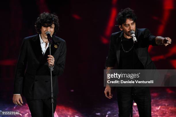 Ermal Meta and Fabrizio Moro attend the first night of the 68. Sanremo Music Festival on February 6, 2018 in Sanremo, Italy.