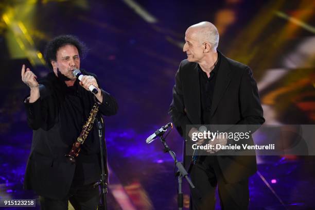 Enzo Avitabile and Peppe Servillo attend the first night of the 68. Sanremo Music Festival on February 6, 2018 in Sanremo, Italy.