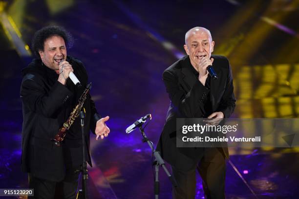 Enzo Avitabile and Peppe Servillo attend the first night of the 68. Sanremo Music Festival on February 6, 2018 in Sanremo, Italy.