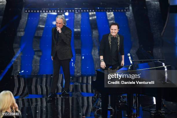 Roby Facchinetti and Riccardo Fogli attend the first night of the 68. Sanremo Music Festival on February 6, 2018 in Sanremo, Italy.