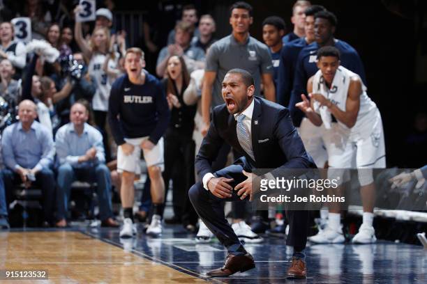 Head coach LaVall Jordan of the Butler Bulldogs reacts in the second half of a game against the Xavier Musketeers at Hinkle Fieldhouse on February 6,...