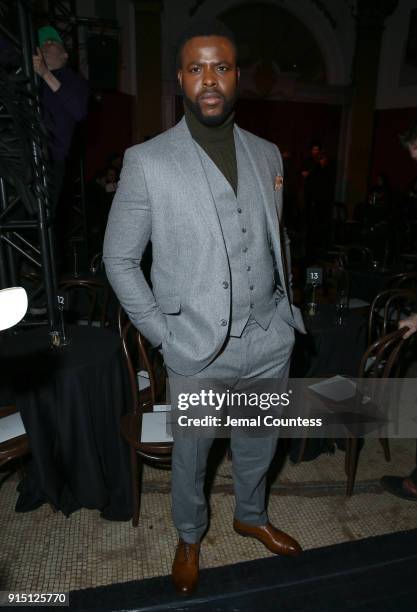 Actor Winston Duke attends the Joseph Abboud Men's Fashion Show during New York Fashion Week Mens' at Hotel Wolcott Ballroom on February 6, 2018 in...