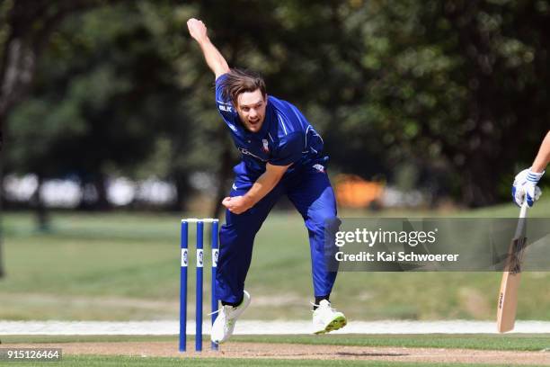 Mitchell McClenaghan of the Auckland Aces bowls during the One Day Ford Trophy Cup match between Canterbury and Auckland on February 7, 2018 in...