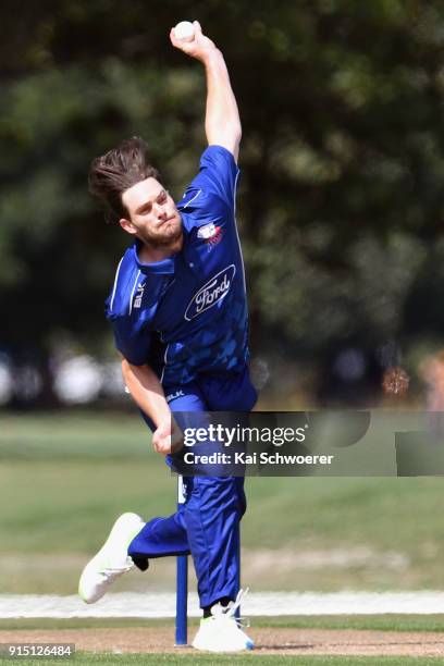 Mitchell McClenaghan of the Auckland Aces bowls during the One Day Ford Trophy Cup match between Canterbury and Auckland on February 7, 2018 in...