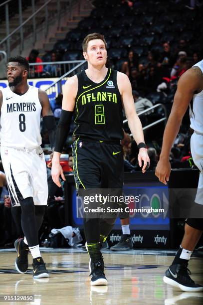 Luke Babbitt of the Atlanta Hawks looks on during the game against the Memphis Grizzlies on February 6, 2018 at Philips Arena in Atlanta, Georgia....