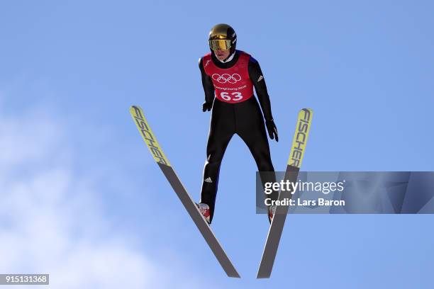 Andreas Wellinger of Germany trains for the Men's Normal Hill Ski Jumping ahead of the PyeongChang 2018 Winter Olympic Games at Alpensia Ski Jumping...