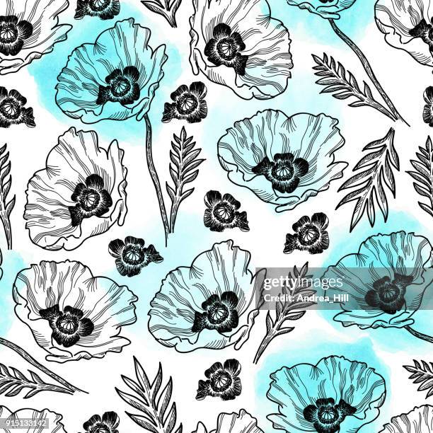 poppy seamless vector pattern - ink drawing with watercolor texture - remembrance day canada stock illustrations