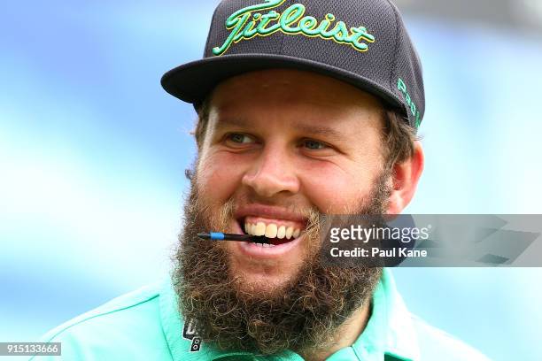 Andrew Johnston of England waits to play his tee shot on the 3rd hole during the pro-am ahead of the World Super 6 at Lake Karrinyup Country Club on...