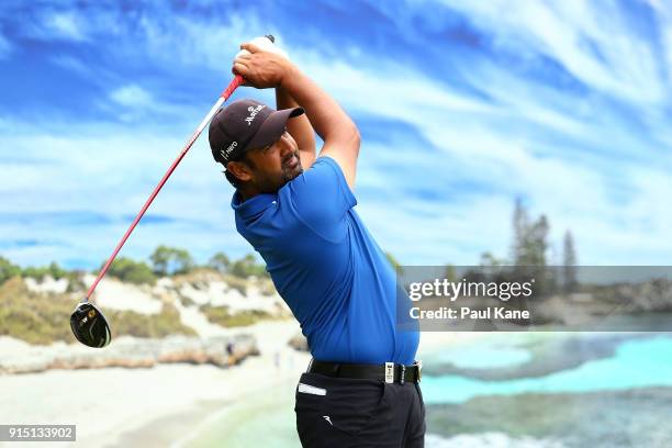 Shiv Kapur of India watches his tee shot on the 3rd hole during the pro-am ahead of the World Super 6 at Lake Karrinyup Country Club on February 7,...